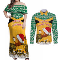 Custom Jamaica Christmas Couples Matching Off Shoulder Maxi Dress and Long Sleeve Button Shirt Jumieka Santa Lion - Wonder Print Shop