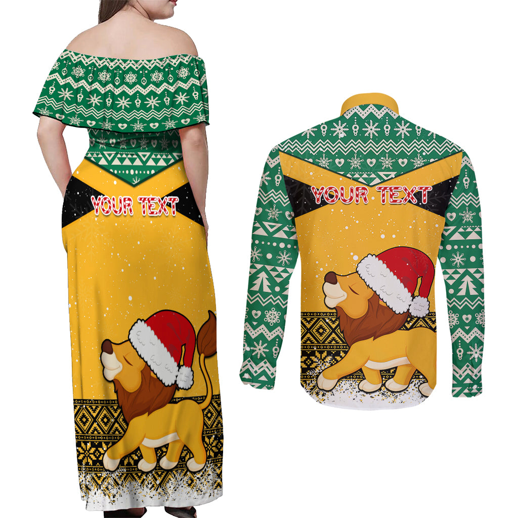 Custom Jamaica Christmas Couples Matching Off Shoulder Maxi Dress and Long Sleeve Button Shirt Jumieka Santa Lion - Wonder Print Shop