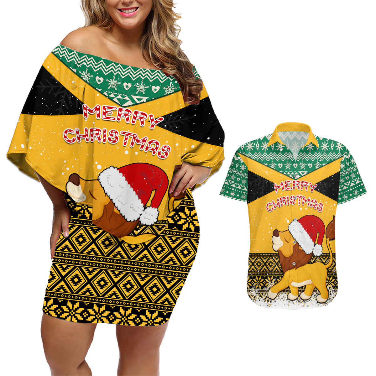 Custom Jamaica Christmas Couples Matching Off Shoulder Short Dress and Hawaiian Shirt Jumieka Santa Lion - Wonder Print Shop