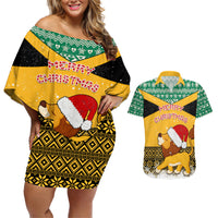Custom Jamaica Christmas Couples Matching Off Shoulder Short Dress and Hawaiian Shirt Jumieka Santa Lion - Wonder Print Shop