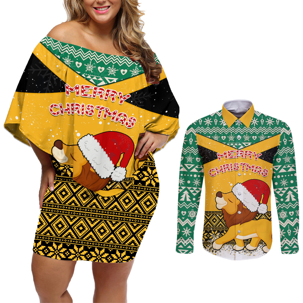 Custom Jamaica Christmas Couples Matching Off Shoulder Short Dress and Long Sleeve Button Shirt Jumieka Santa Lion - Wonder Print Shop