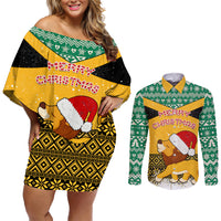 Custom Jamaica Christmas Couples Matching Off Shoulder Short Dress and Long Sleeve Button Shirt Jumieka Santa Lion - Wonder Print Shop