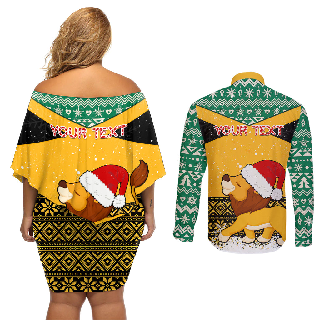 Custom Jamaica Christmas Couples Matching Off Shoulder Short Dress and Long Sleeve Button Shirt Jumieka Santa Lion - Wonder Print Shop