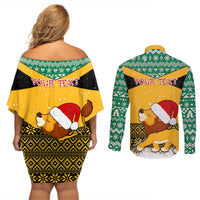 Custom Jamaica Christmas Couples Matching Off Shoulder Short Dress and Long Sleeve Button Shirt Jumieka Santa Lion - Wonder Print Shop