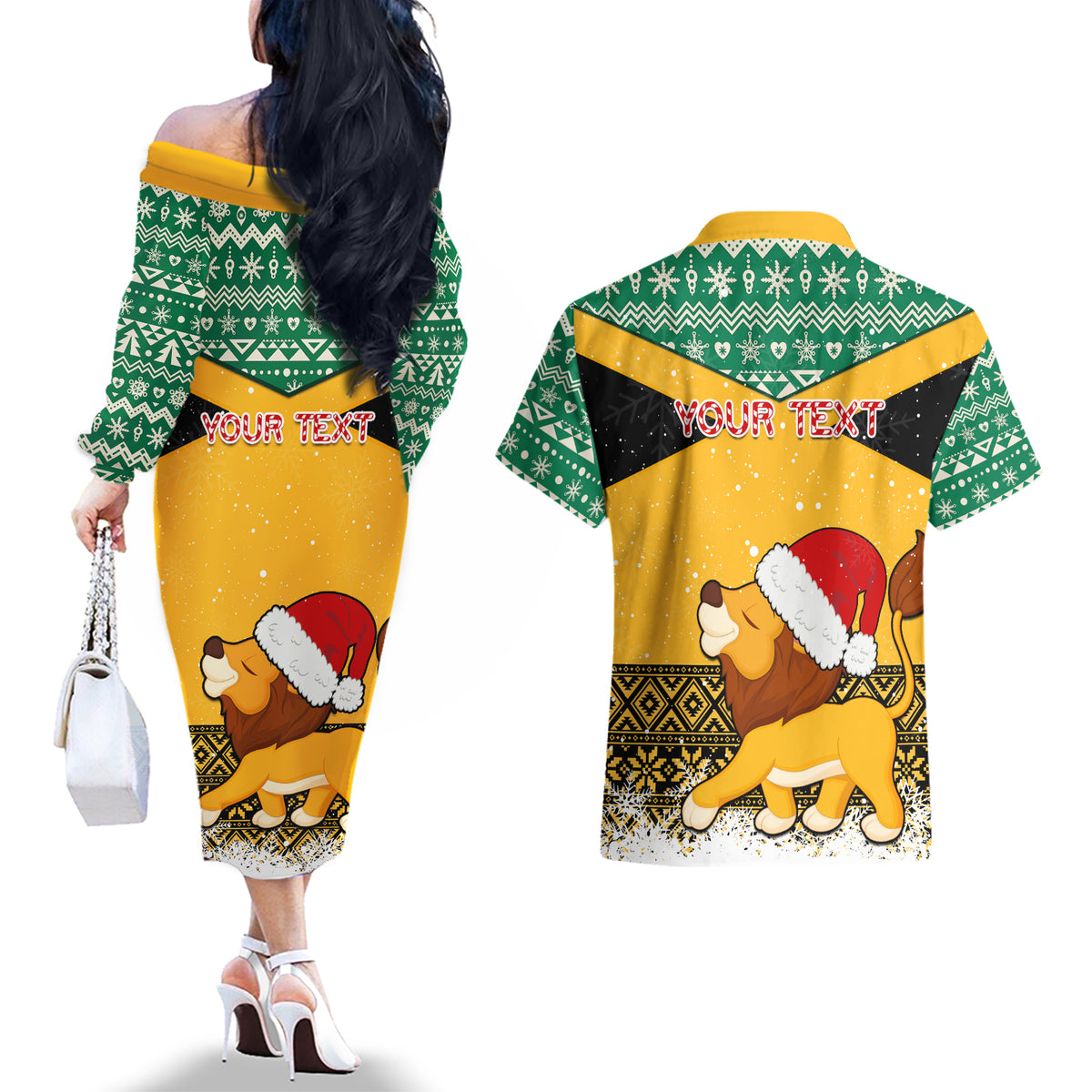 Custom Jamaica Christmas Couples Matching Off The Shoulder Long Sleeve Dress and Hawaiian Shirt Jumieka Santa Lion - Wonder Print Shop