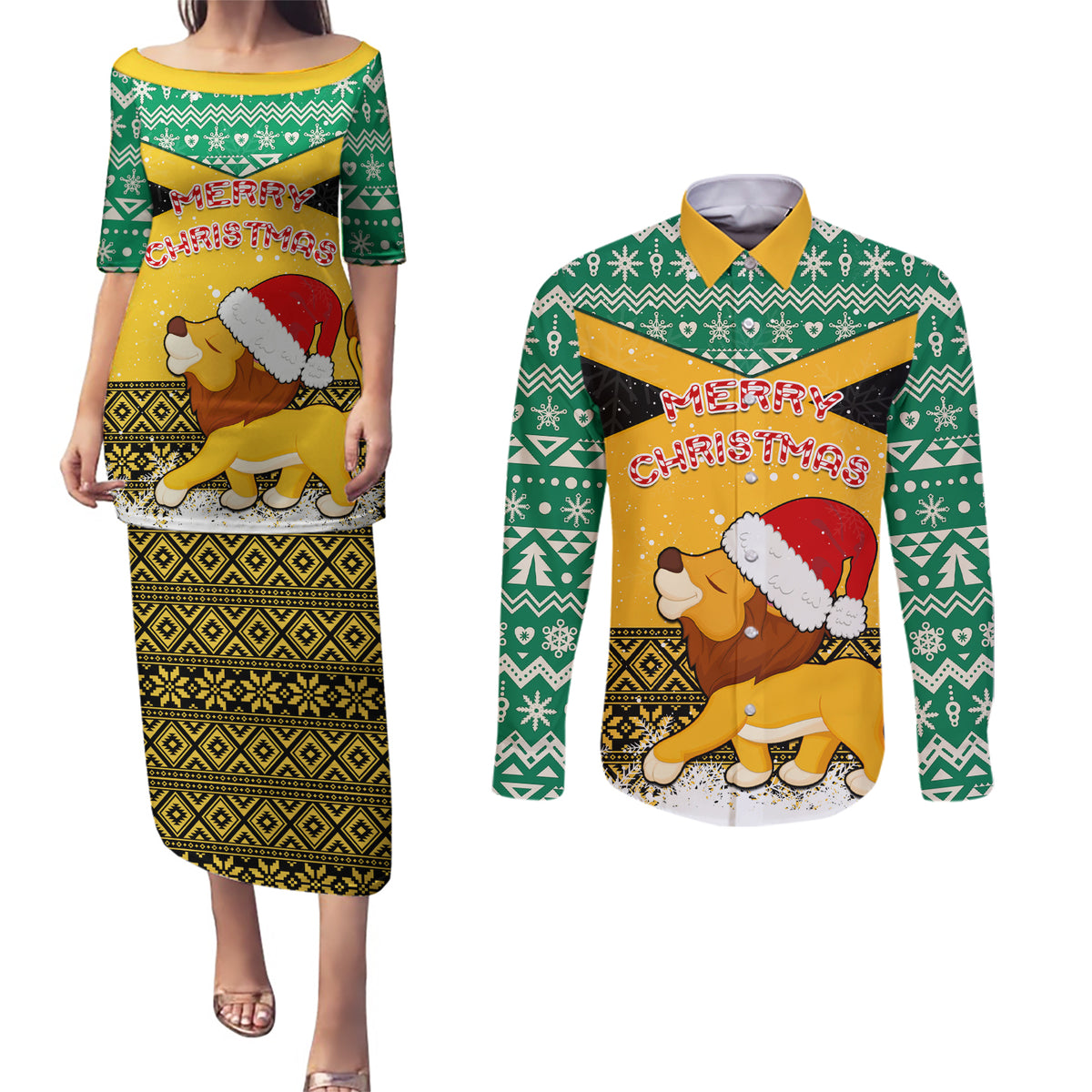 Custom Jamaica Christmas Couples Matching Puletasi Dress and Long Sleeve Button Shirt Jumieka Santa Lion - Wonder Print Shop