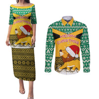 Custom Jamaica Christmas Couples Matching Puletasi Dress and Long Sleeve Button Shirt Jumieka Santa Lion - Wonder Print Shop