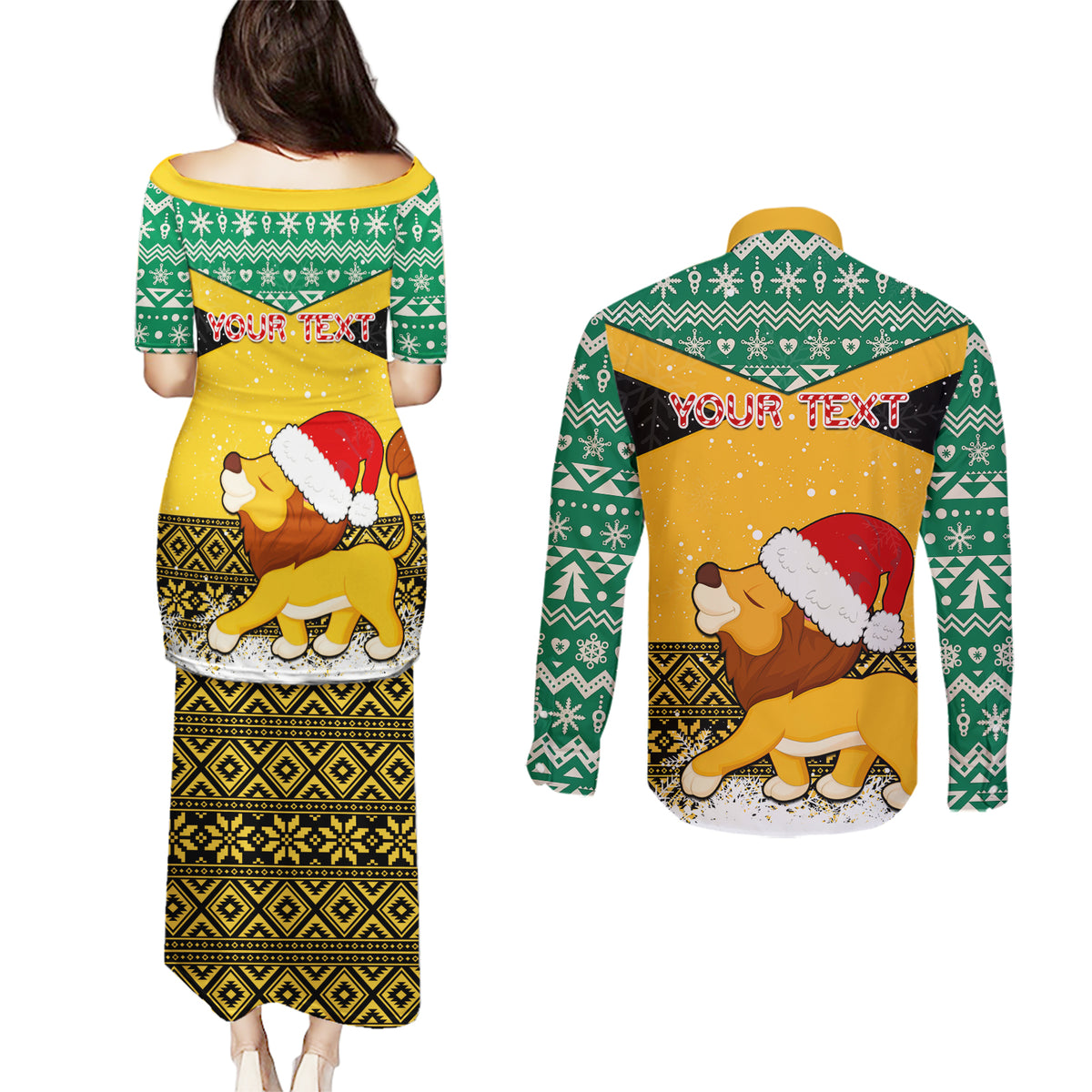 Custom Jamaica Christmas Couples Matching Puletasi Dress and Long Sleeve Button Shirt Jumieka Santa Lion - Wonder Print Shop