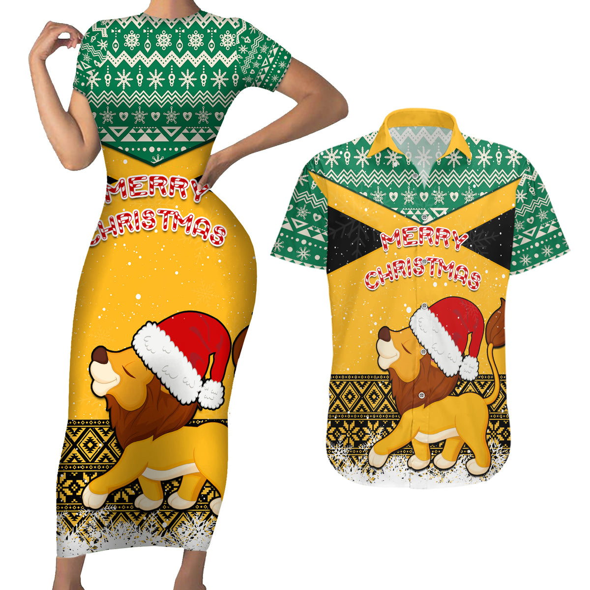Custom Jamaica Christmas Couples Matching Short Sleeve Bodycon Dress and Hawaiian Shirt Jumieka Santa Lion - Wonder Print Shop
