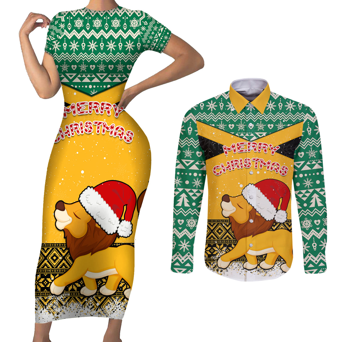 Custom Jamaica Christmas Couples Matching Short Sleeve Bodycon Dress and Long Sleeve Button Shirt Jumieka Santa Lion - Wonder Print Shop