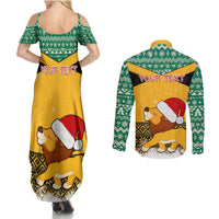 Custom Jamaica Christmas Couples Matching Summer Maxi Dress and Long Sleeve Button Shirt Jumieka Santa Lion - Wonder Print Shop