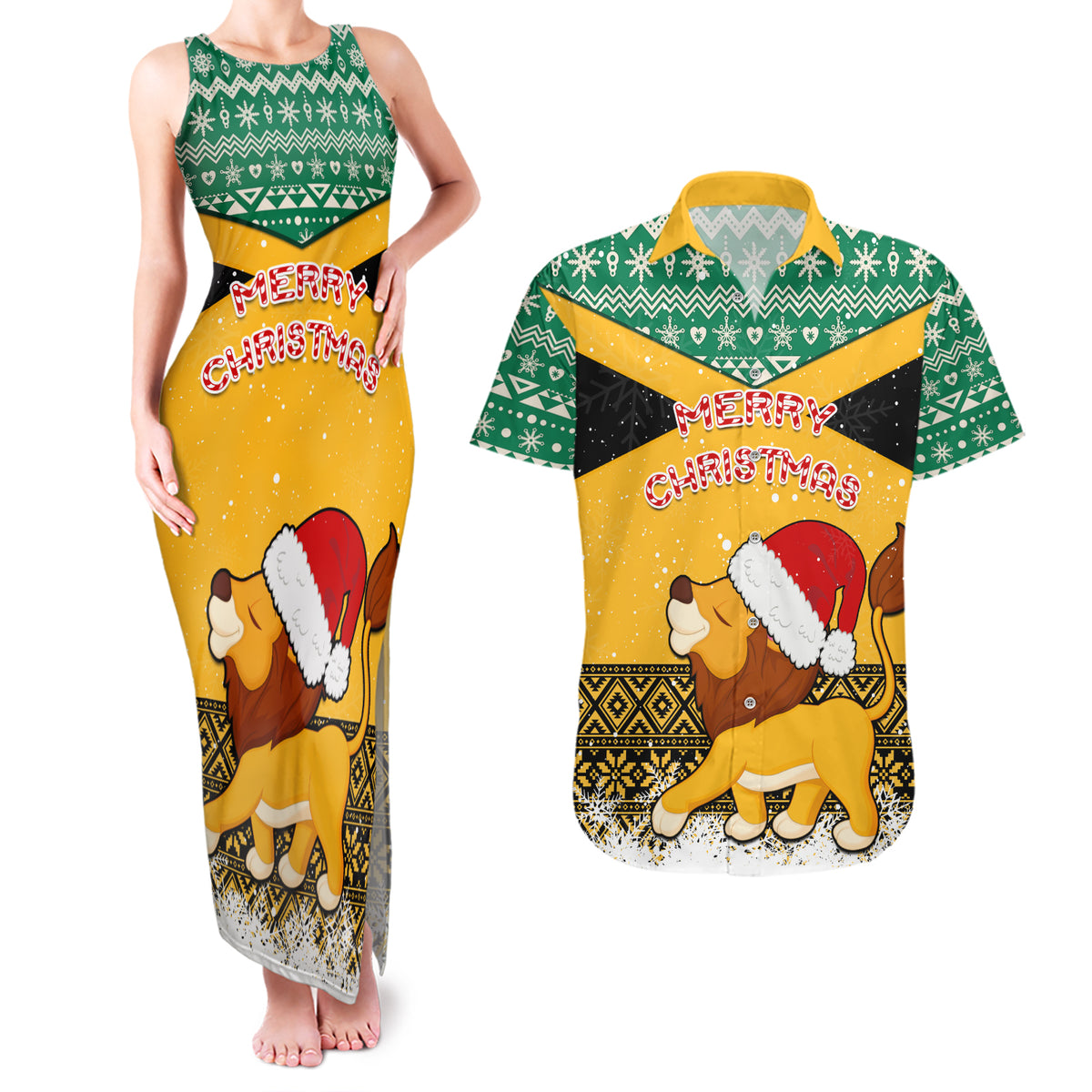 Custom Jamaica Christmas Couples Matching Tank Maxi Dress and Hawaiian Shirt Jumieka Santa Lion - Wonder Print Shop