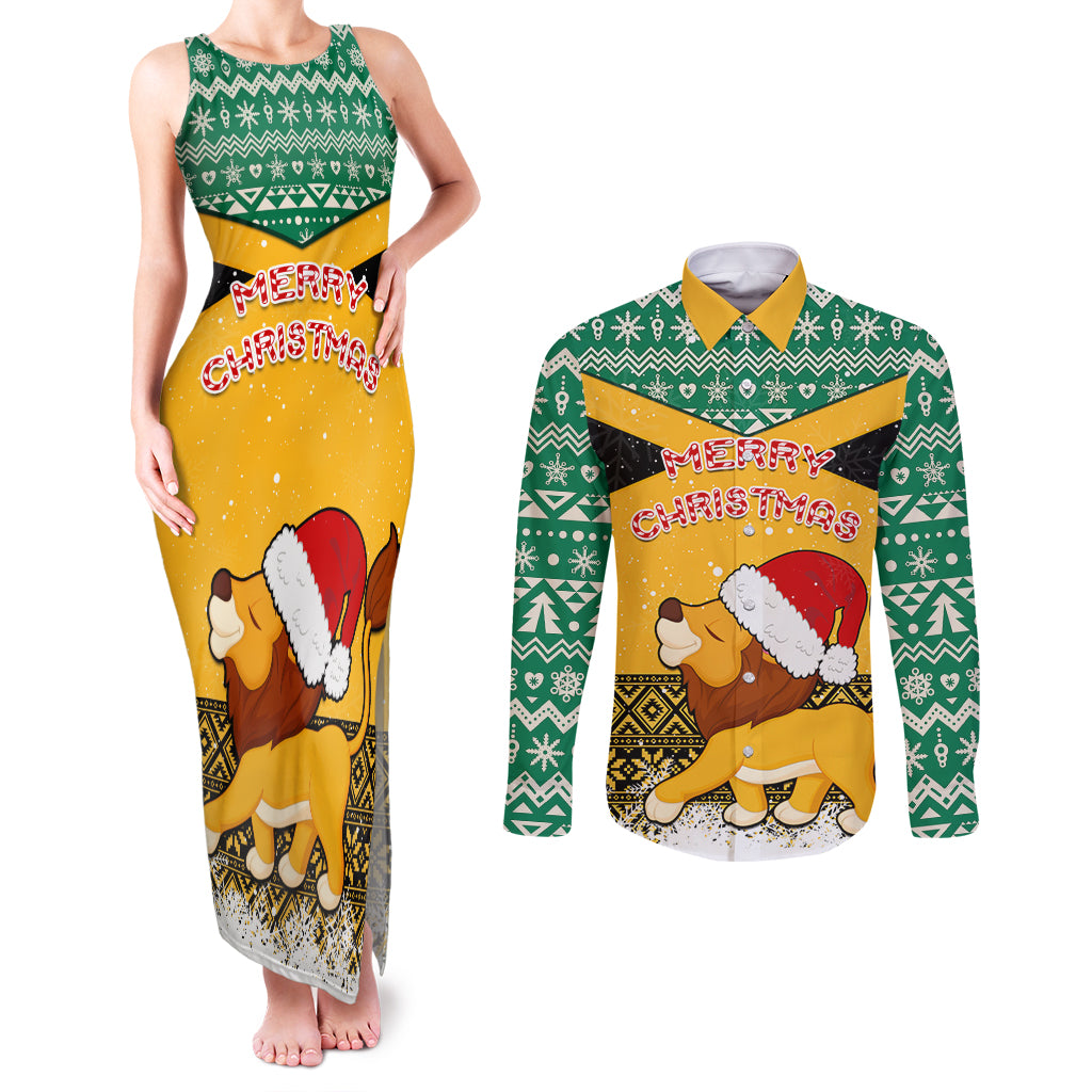 Custom Jamaica Christmas Couples Matching Tank Maxi Dress and Long Sleeve Button Shirt Jumieka Santa Lion - Wonder Print Shop