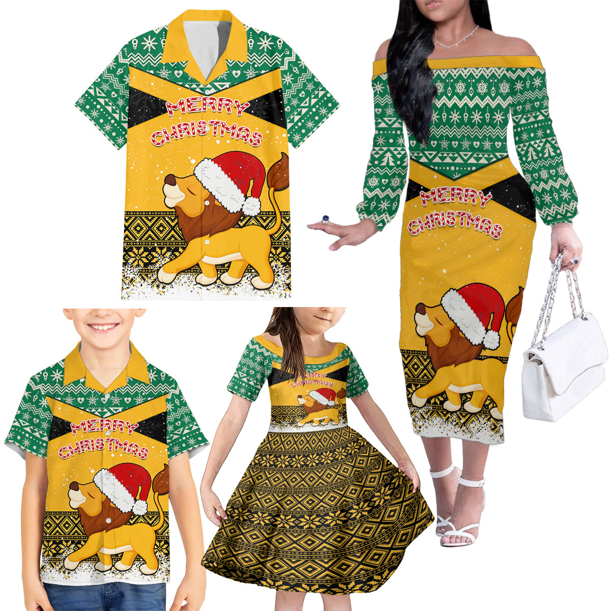 Custom Jamaica Christmas Family Matching Off Shoulder Long Sleeve Dress and Hawaiian Shirt Jumieka Santa Lion - Wonder Print Shop