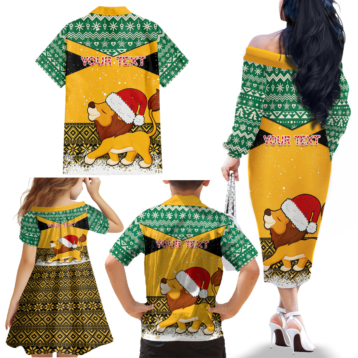 Custom Jamaica Christmas Family Matching Off Shoulder Long Sleeve Dress and Hawaiian Shirt Jumieka Santa Lion - Wonder Print Shop