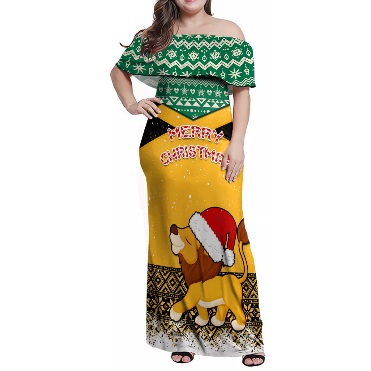Custom Jamaica Christmas Family Matching Off Shoulder Maxi Dress and Hawaiian Shirt Jumieka Santa Lion - Wonder Print Shop