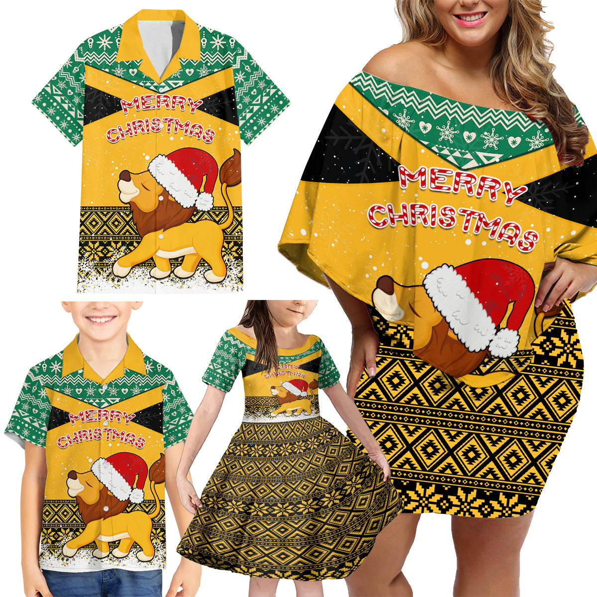 Custom Jamaica Christmas Family Matching Off Shoulder Short Dress and Hawaiian Shirt Jumieka Santa Lion - Wonder Print Shop