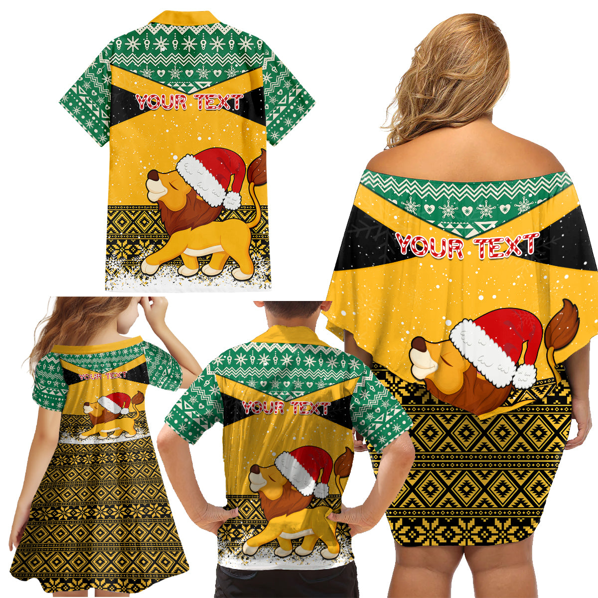 Custom Jamaica Christmas Family Matching Off Shoulder Short Dress and Hawaiian Shirt Jumieka Santa Lion - Wonder Print Shop