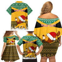 Custom Jamaica Christmas Family Matching Off Shoulder Short Dress and Hawaiian Shirt Jumieka Santa Lion - Wonder Print Shop