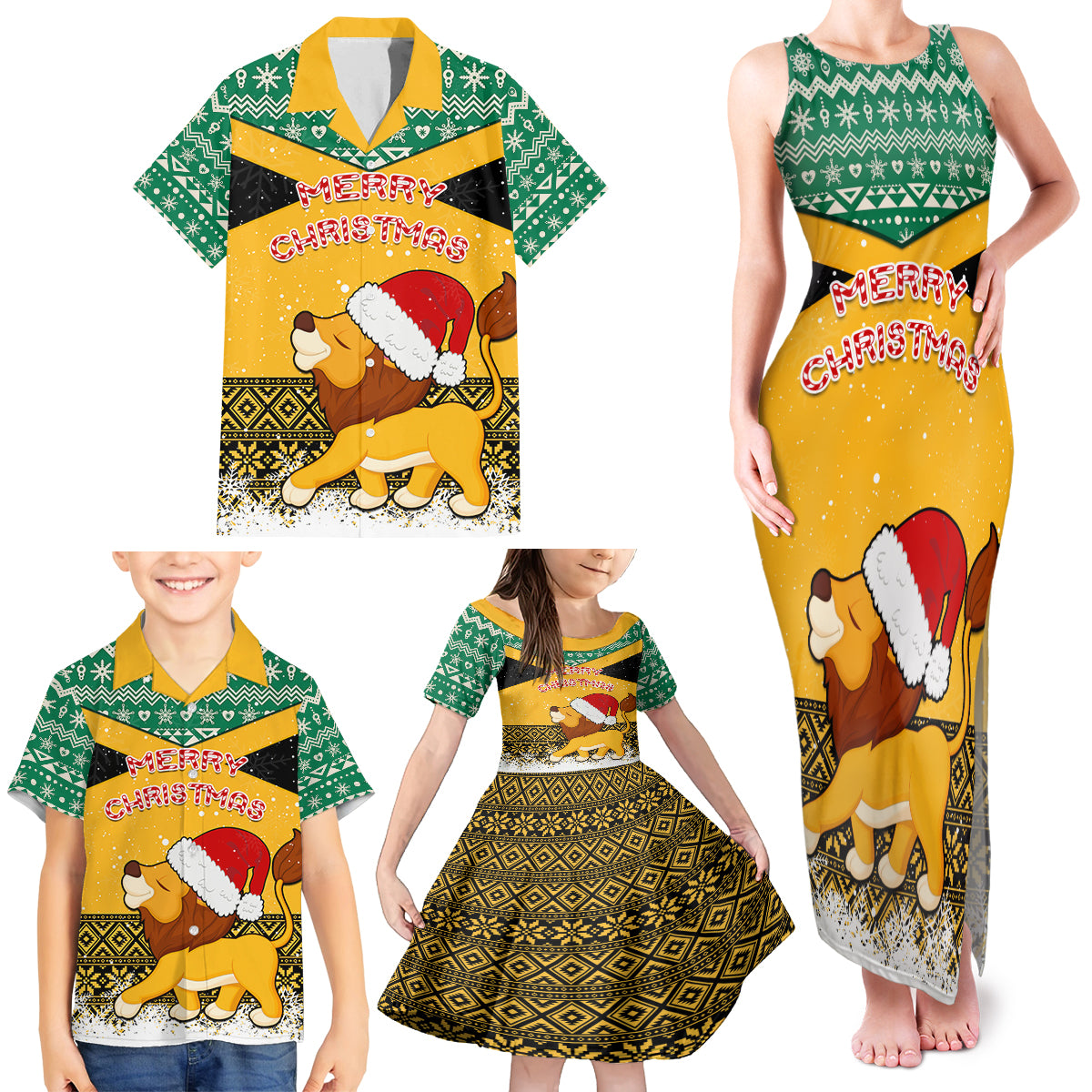 Custom Jamaica Christmas Family Matching Tank Maxi Dress and Hawaiian Shirt Jumieka Santa Lion - Wonder Print Shop