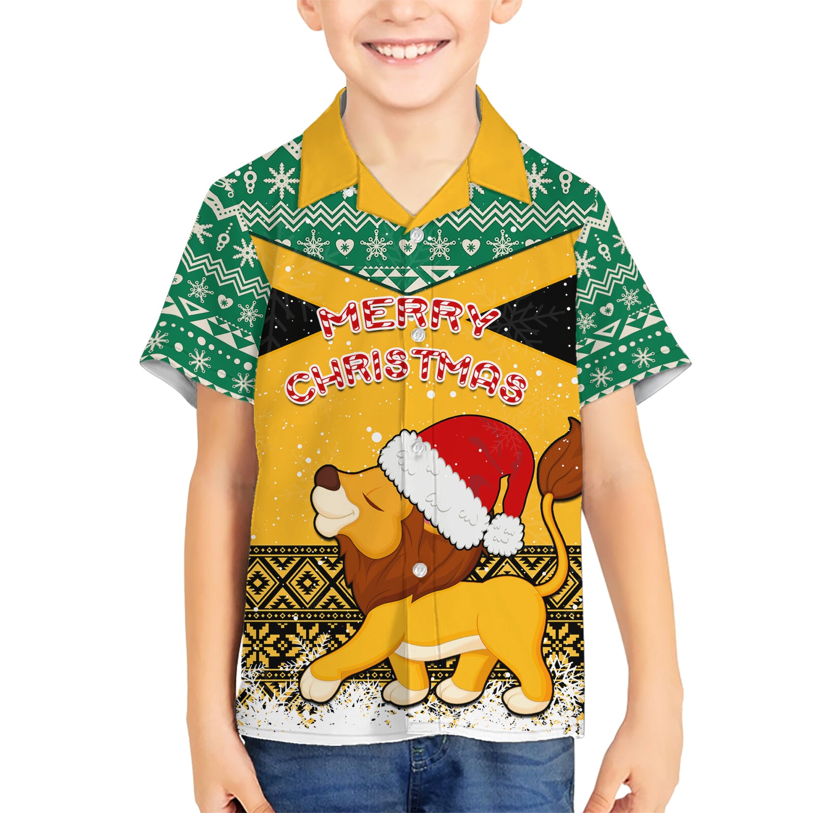 Custom Jamaica Christmas Kid Hawaiian Shirt Jumieka Santa Lion - Wonder Print Shop