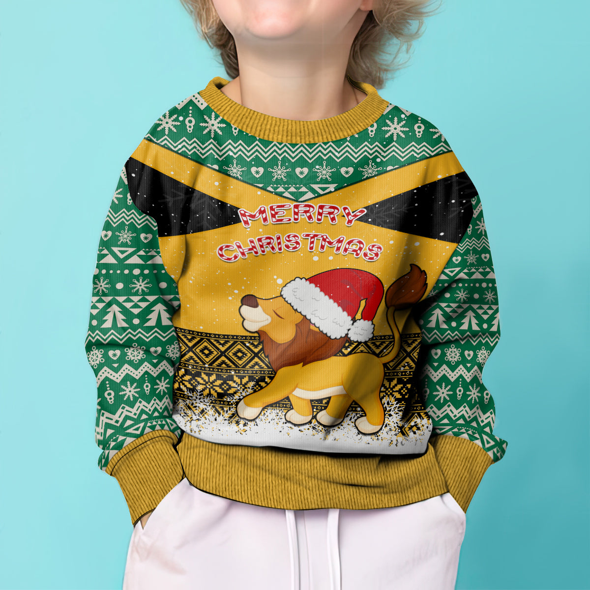 Custom Jamaica Christmas Kid Ugly Christmas Sweater Jumieka Santa Lion - Wonder Print Shop