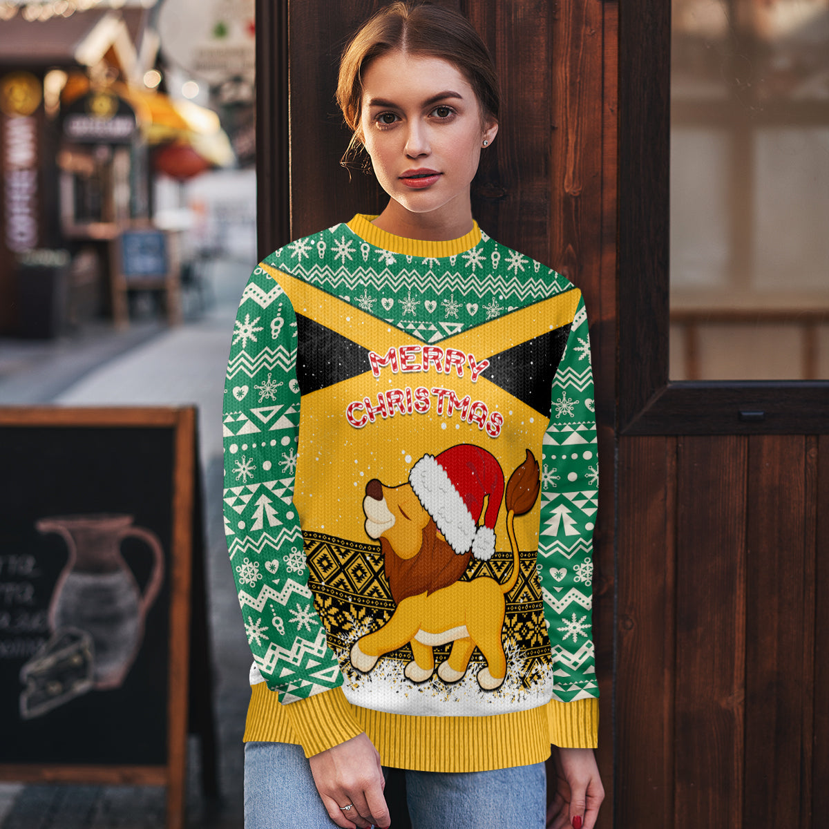 Custom Jamaica Christmas Ugly Christmas Sweater Jumieka Santa Lion - Wonder Print Shop