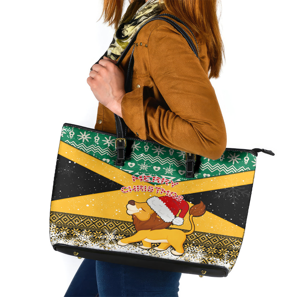 Custom Jamaica Christmas Leather Tote Bag Jumieka Santa Lion - Wonder Print Shop