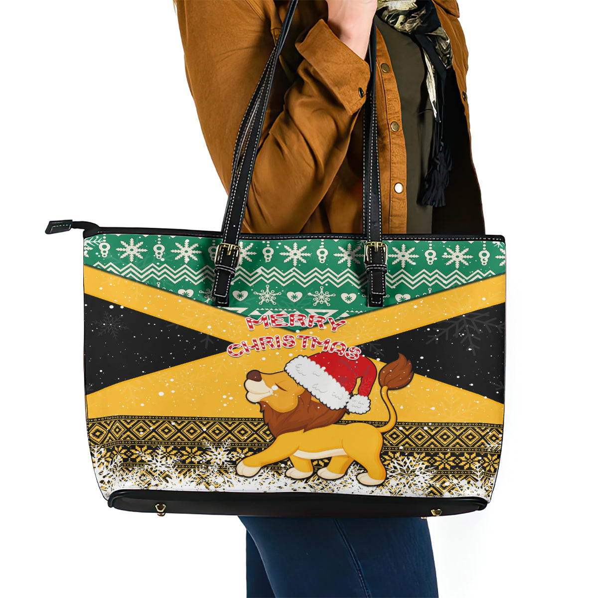 Custom Jamaica Christmas Leather Tote Bag Jumieka Santa Lion - Wonder Print Shop
