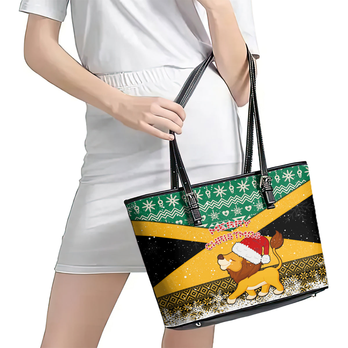 Custom Jamaica Christmas Leather Tote Bag Jumieka Santa Lion - Wonder Print Shop