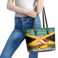 Custom Jamaica Christmas Leather Tote Bag Jumieka Santa Lion - Wonder Print Shop