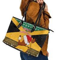 Custom Jamaica Christmas Leather Tote Bag Jumieka Santa Lion - Wonder Print Shop