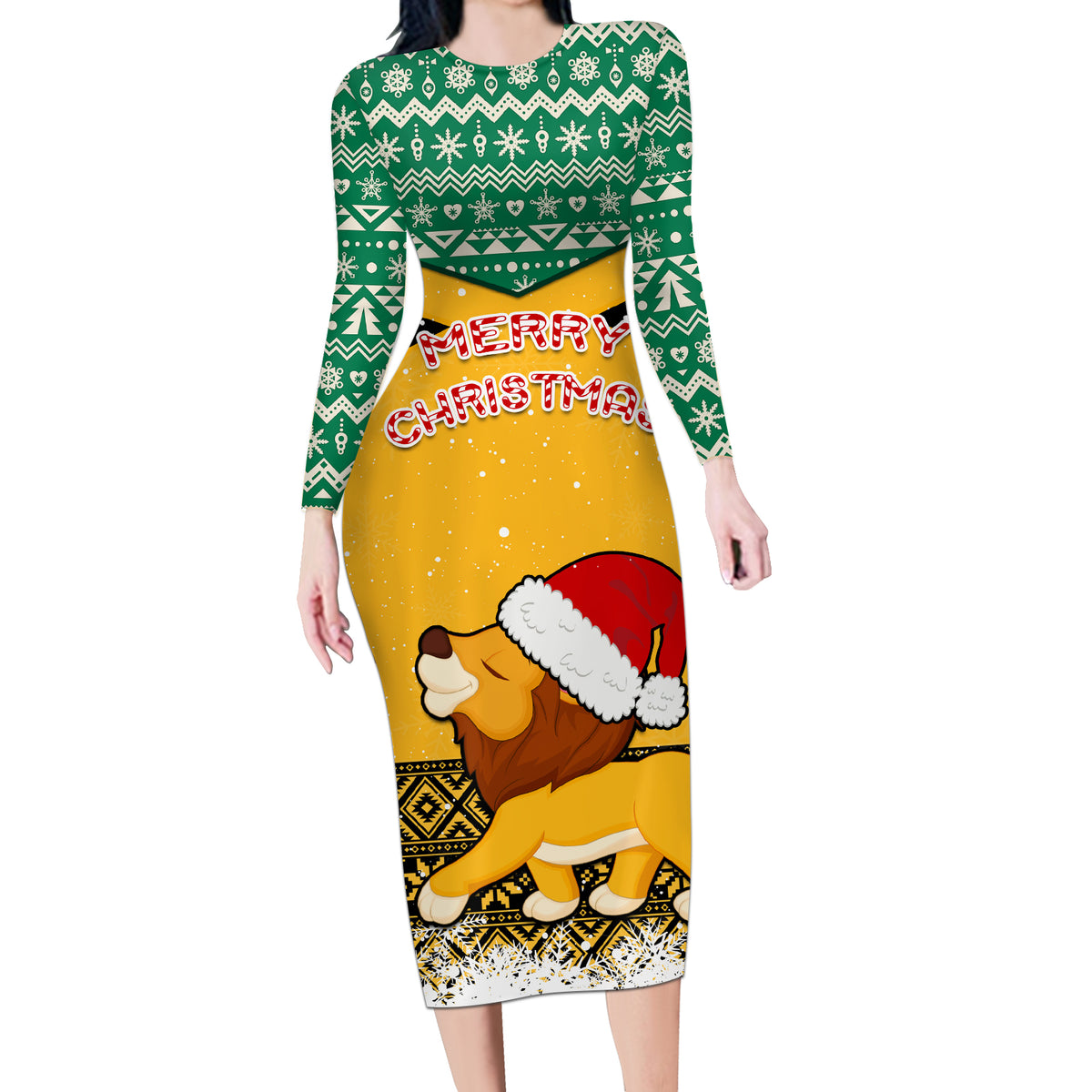 Custom Jamaica Christmas Long Sleeve Bodycon Dress Jumieka Santa Lion - Wonder Print Shop