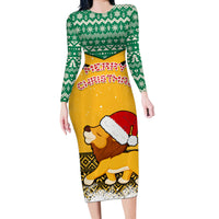 Custom Jamaica Christmas Long Sleeve Bodycon Dress Jumieka Santa Lion - Wonder Print Shop