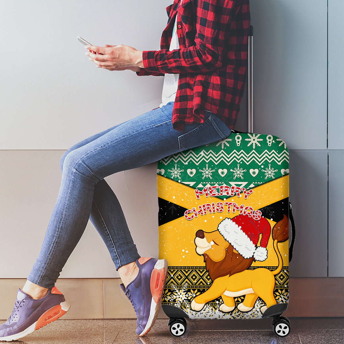 Custom Jamaica Christmas Luggage Cover Jumieka Santa Lion - Wonder Print Shop