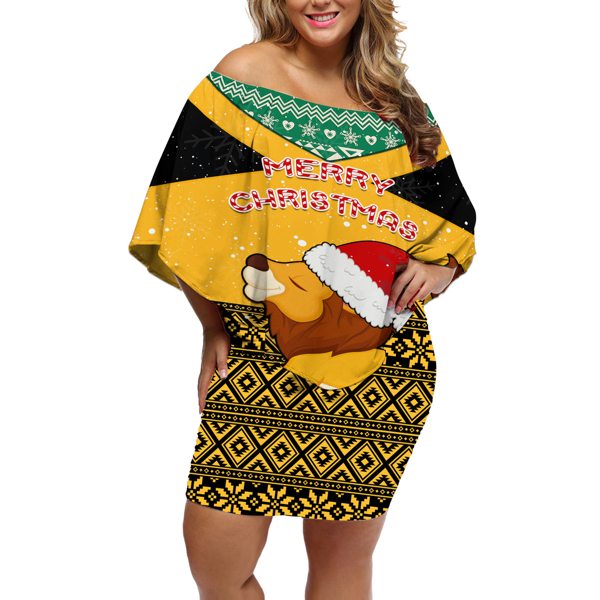 Custom Jamaica Christmas Off Shoulder Short Dress Jumieka Santa Lion - Wonder Print Shop