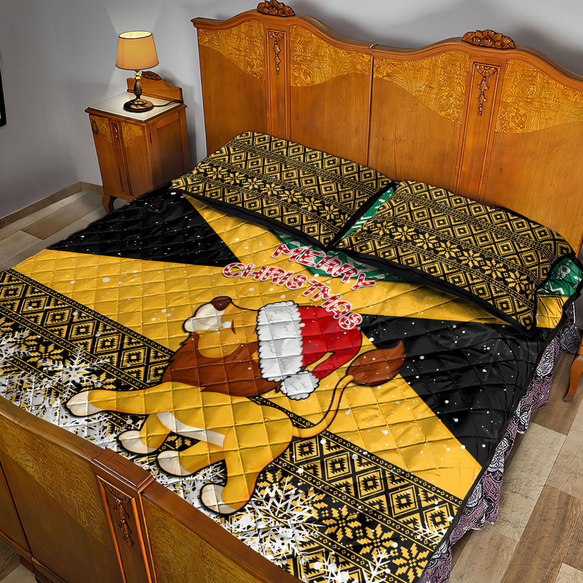 Custom Jamaica Christmas Quilt Bed Set Jumieka Santa Lion - Wonder Print Shop