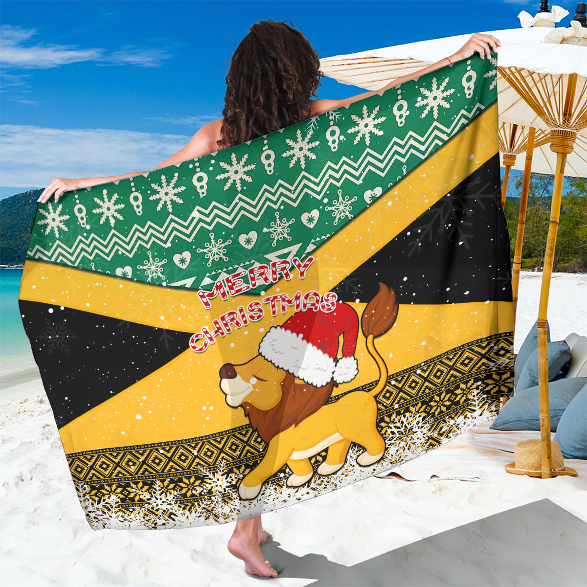 Custom Jamaica Christmas Sarong Jumieka Santa Lion - Wonder Print Shop