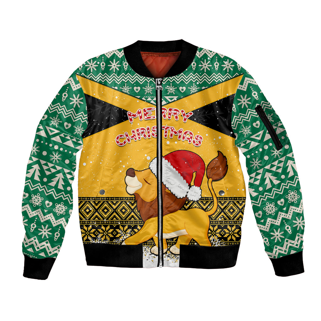 Custom Jamaica Christmas Sleeve Zip Bomber Jacket Jumieka Santa Lion - Wonder Print Shop