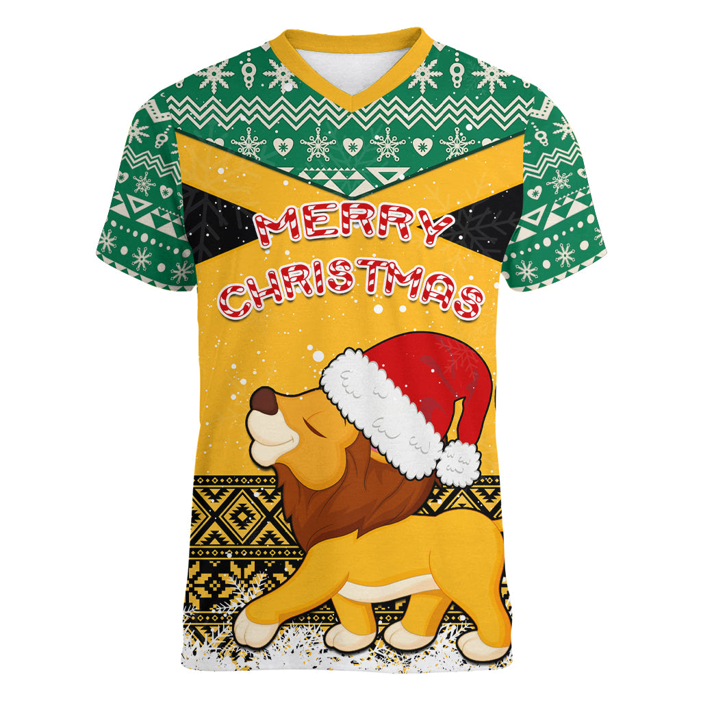 Custom Jamaica Christmas Women V Neck T Shirt Jumieka Santa Lion - Wonder Print Shop