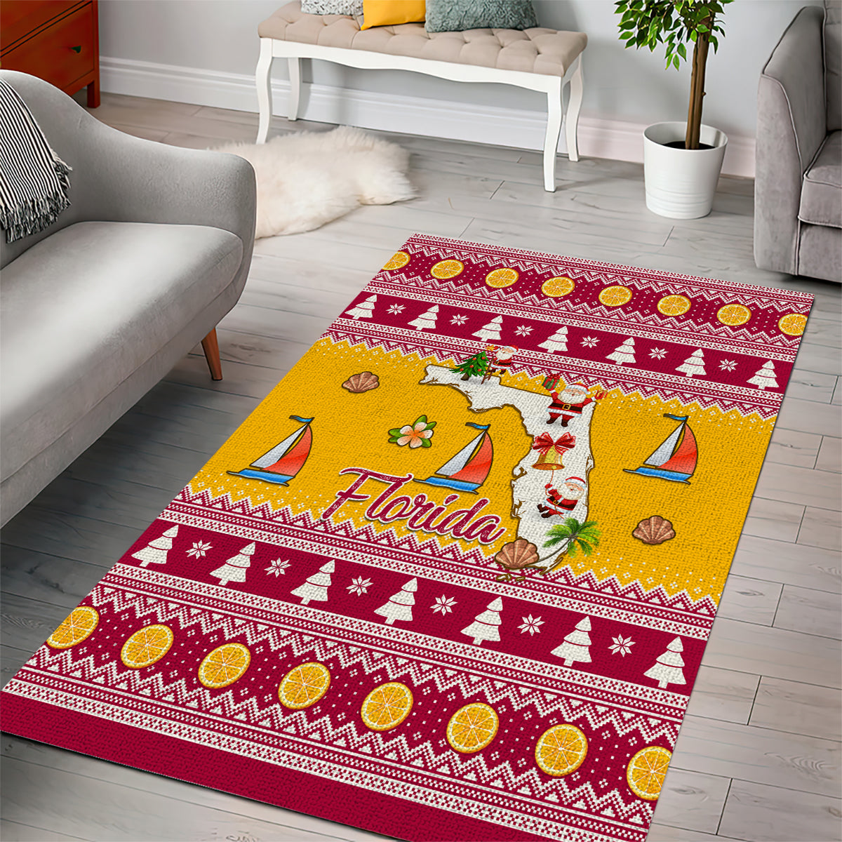 Florida Christmas Area Rug Santa Claus Florida Map With Orange - Wonder Print Shop