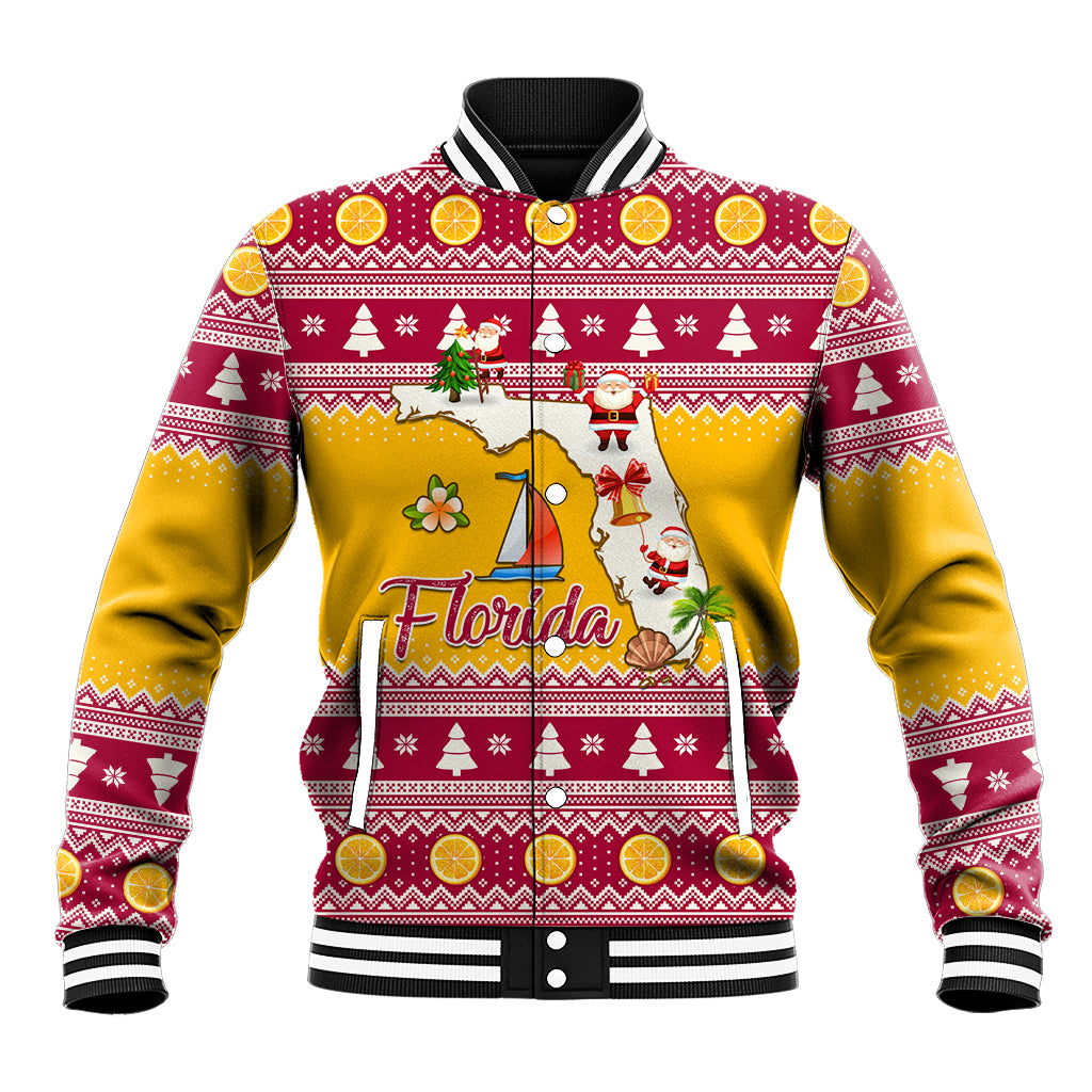 Florida Christmas Baseball Jacket Santa Claus Florida Map With Orange - Wonder Print Shop
