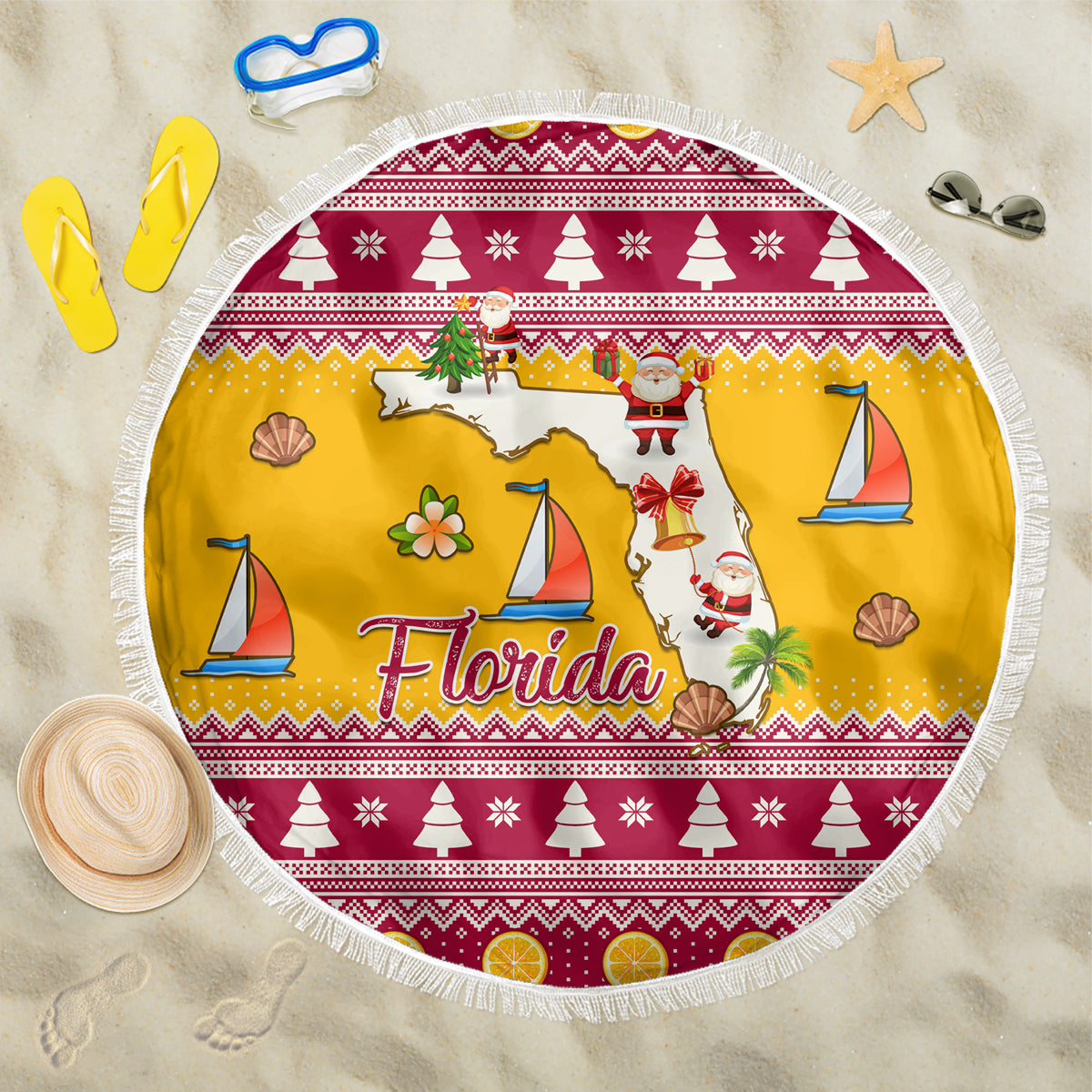 Florida Christmas Beach Blanket Santa Claus Florida Map With Orange - Wonder Print Shop