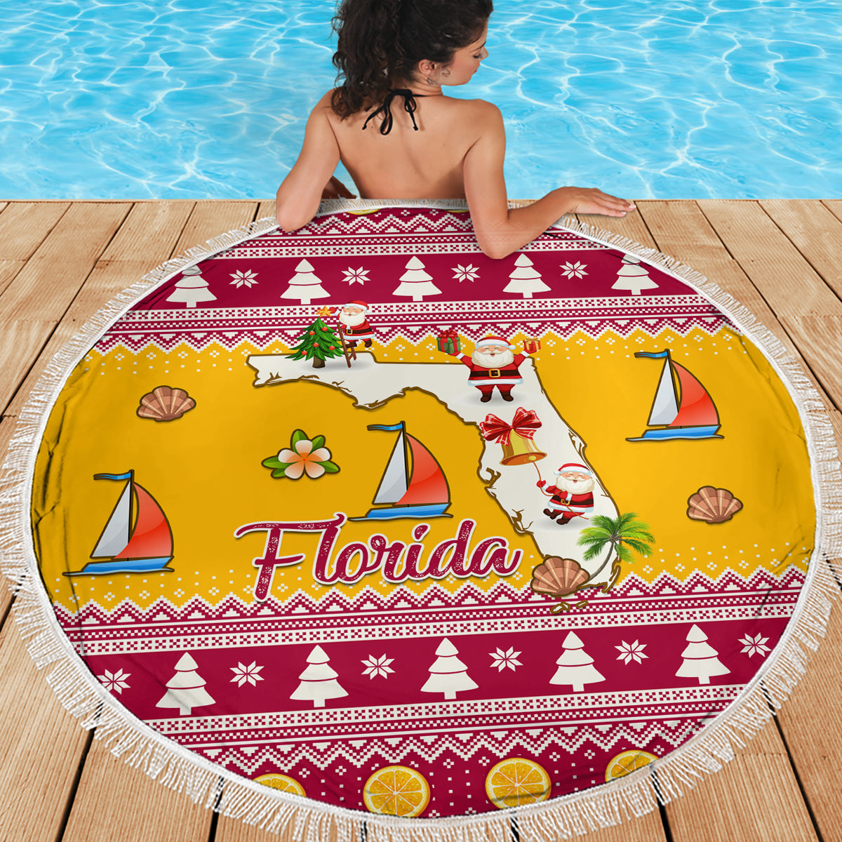Florida Christmas Beach Blanket Santa Claus Florida Map With Orange - Wonder Print Shop