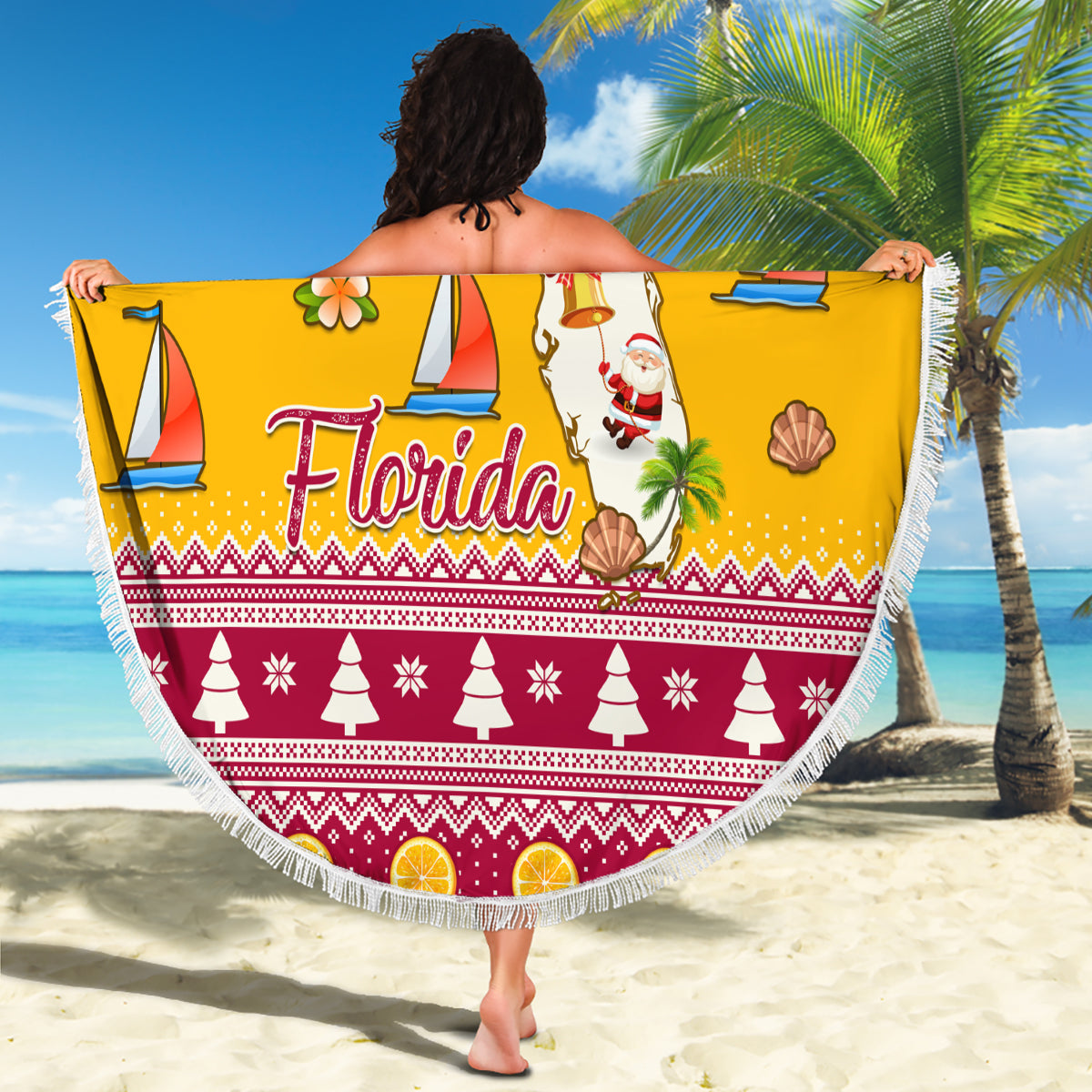 Florida Christmas Beach Blanket Santa Claus Florida Map With Orange - Wonder Print Shop
