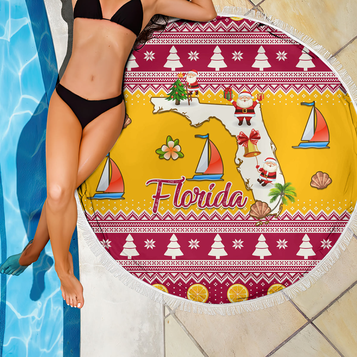 Florida Christmas Beach Blanket Santa Claus Florida Map With Orange - Wonder Print Shop