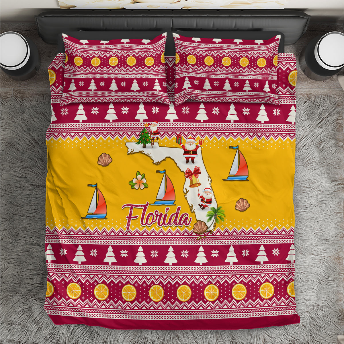 Florida Christmas Bedding Set Santa Claus Florida Map With Orange - Wonder Print Shop