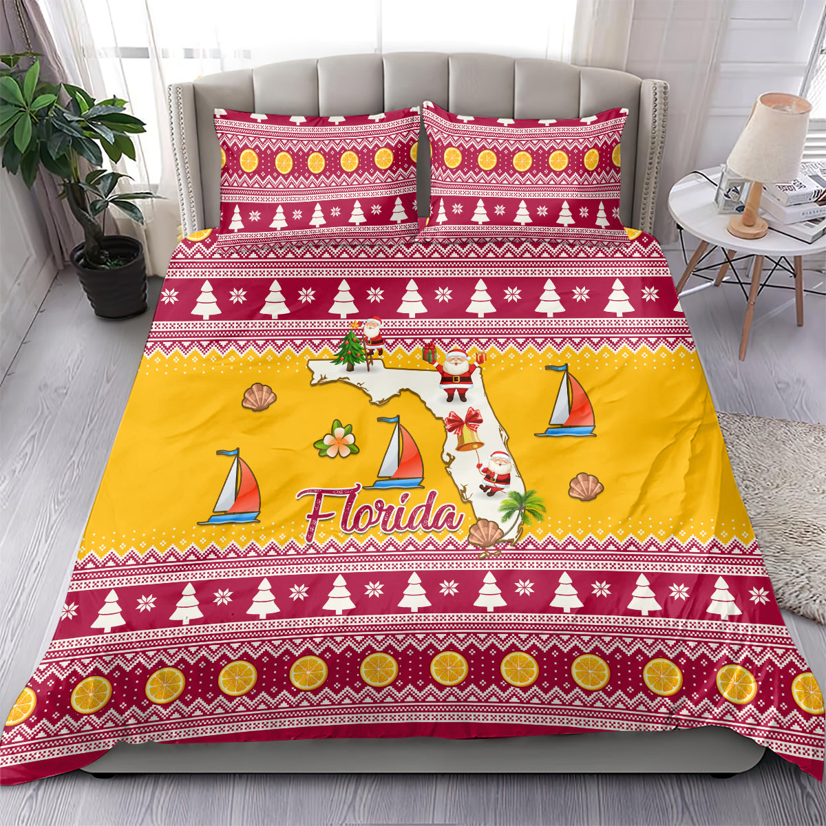 Florida Christmas Bedding Set Santa Claus Florida Map With Orange - Wonder Print Shop