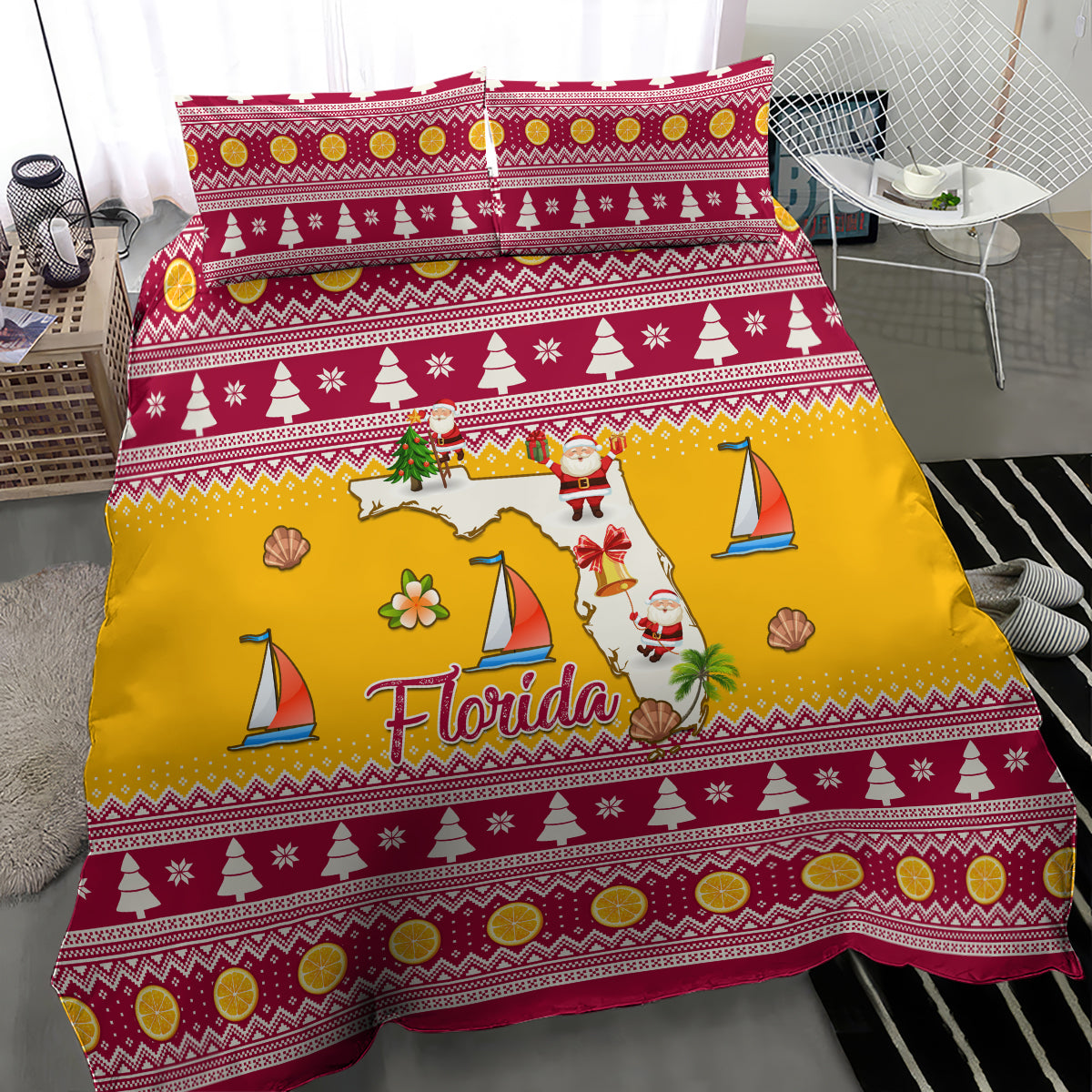 Florida Christmas Bedding Set Santa Claus Florida Map With Orange - Wonder Print Shop