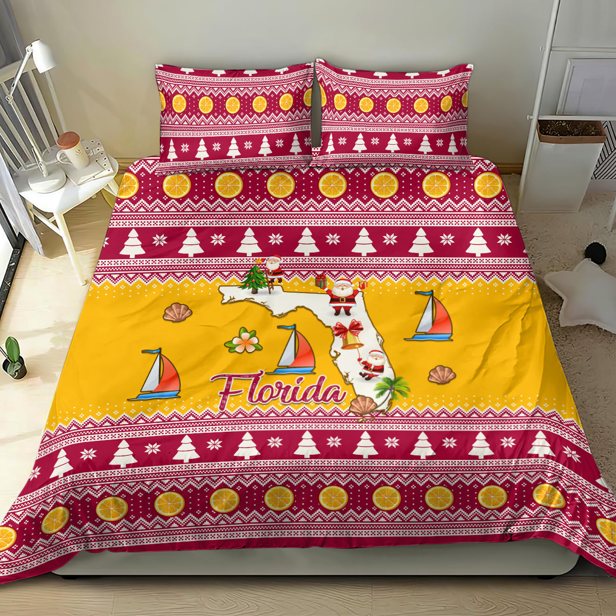 Florida Christmas Bedding Set Santa Claus Florida Map With Orange - Wonder Print Shop